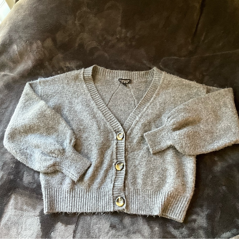 Top shop fuzzy cropped button up sweater